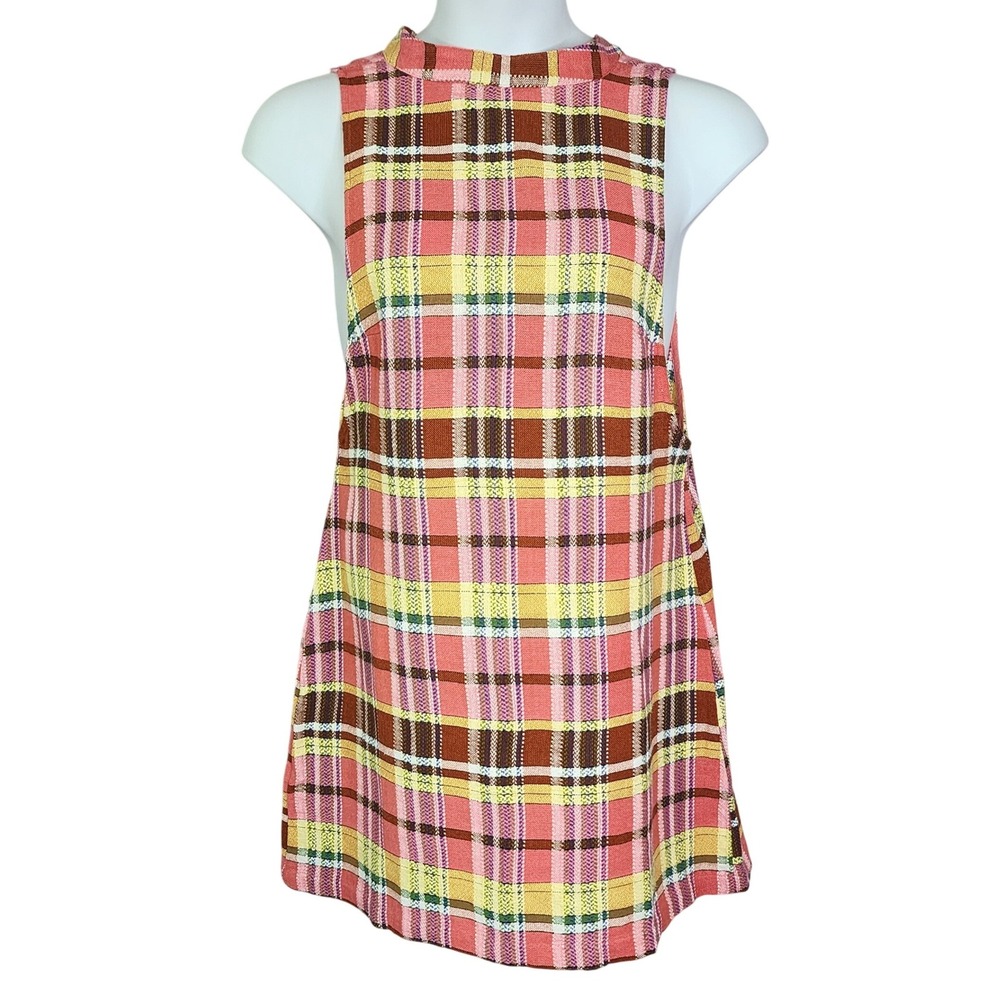 Free People Woven Plaid Mini Dress Pink Retro Combo Bow Back Large Sleeveless